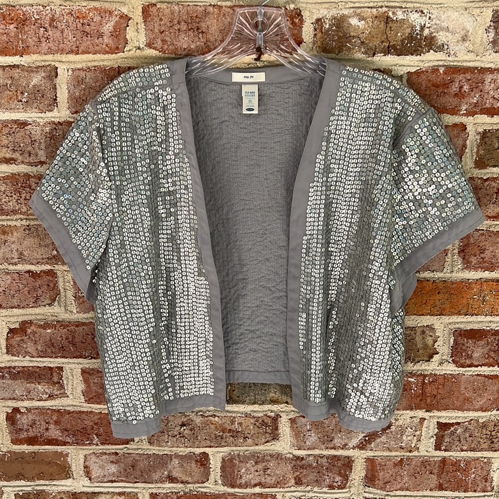 Vintage late 90s muted silver sequin cropped cardigan size XL alien superstar